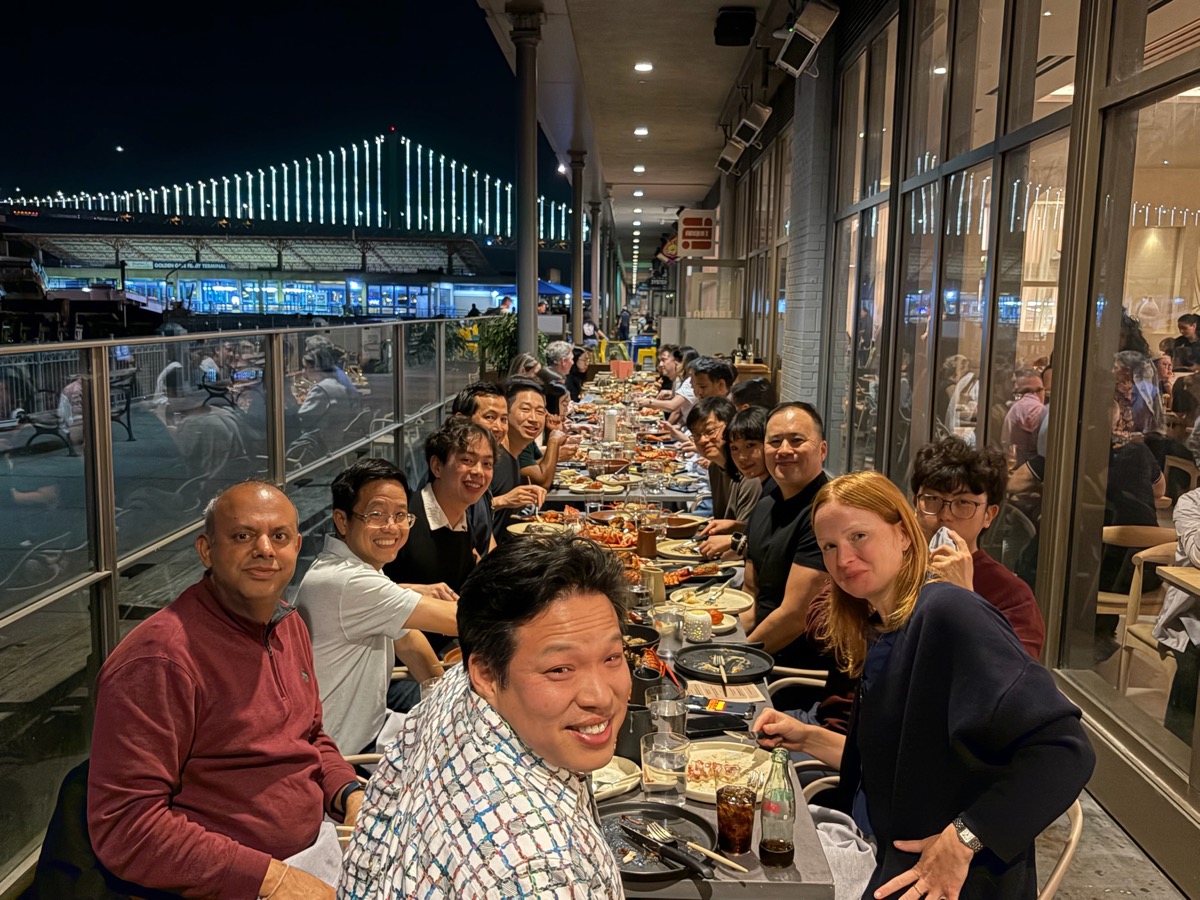 Founder and investor dinner at the Ferry Building with Bay Bridge